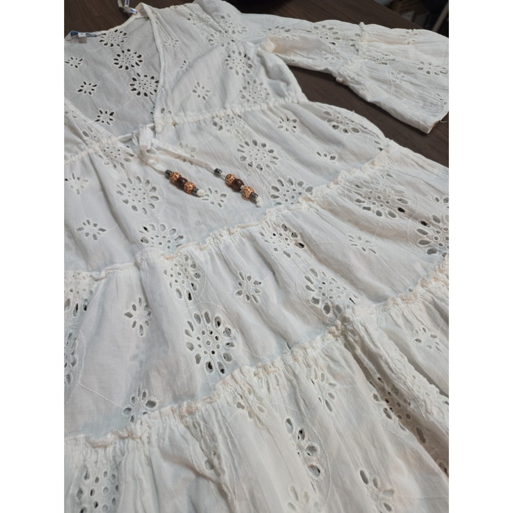 White Eyelet Lace Beach Dress Ruffles Sleeve 3/4 Midi Blue Island Size Small